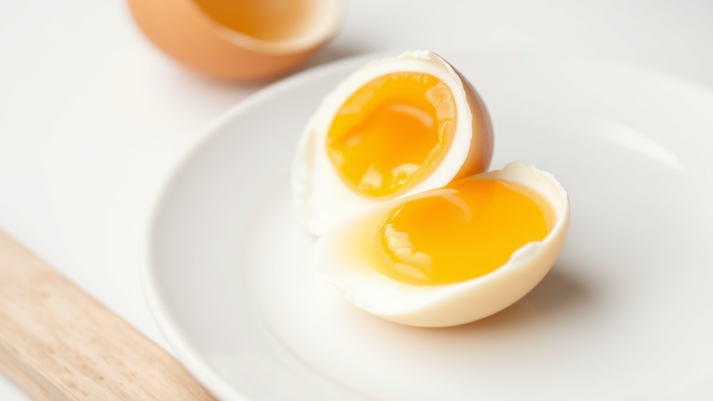 Cracked fresh egg showing bright yolk and clear white on white plate, clean kitchen background, no text no words no letters