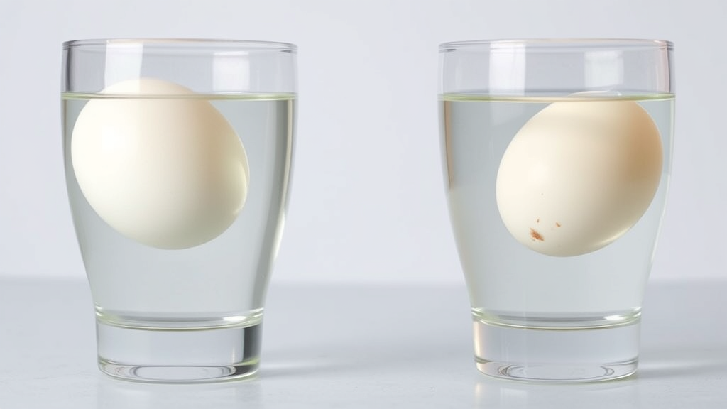 Comparison of fresh versus old eggs in clear water glasses, floating test demonstration, no text no words no letters