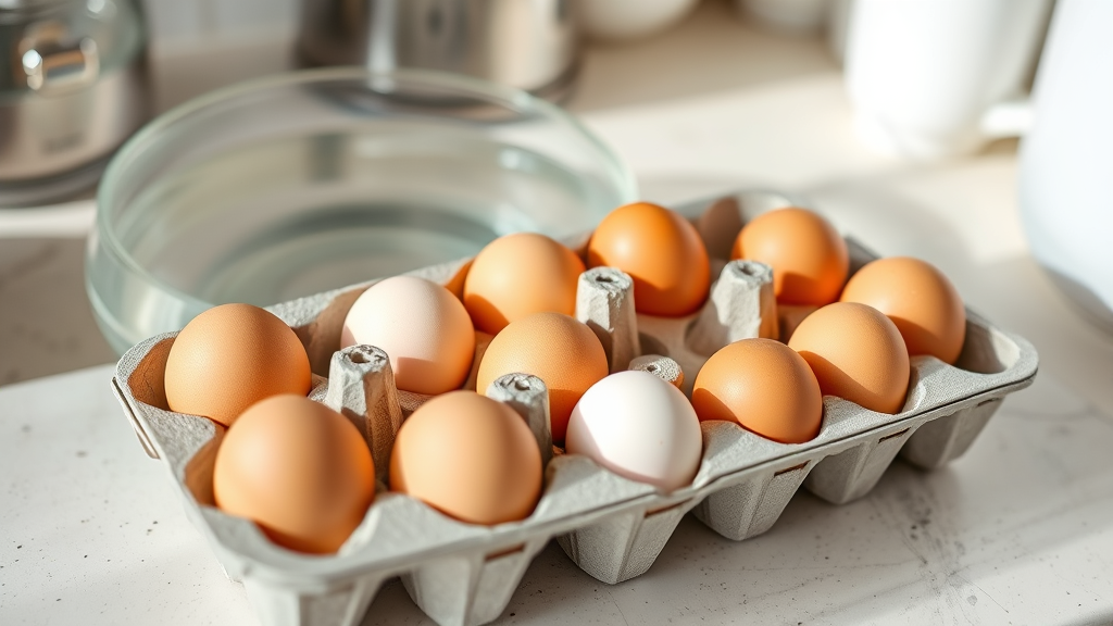 Fresh eggs in carton with water bowl for testing, kitchen counter setup, natural lighting, no text no words no letters