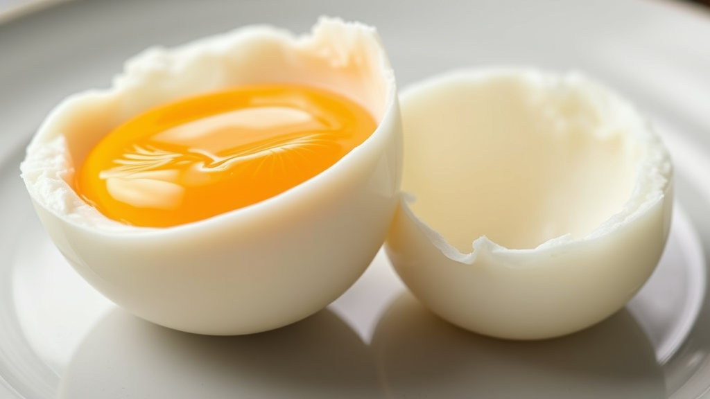 Cracked fresh egg showing bright yolk and thick white on plate, close-up detail view, no text no words no letters