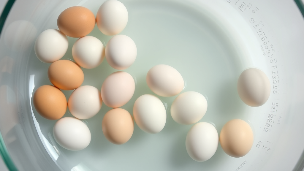 Various eggs floating and sinking in clear water bowl, freshness test demonstration, no text no words no letters