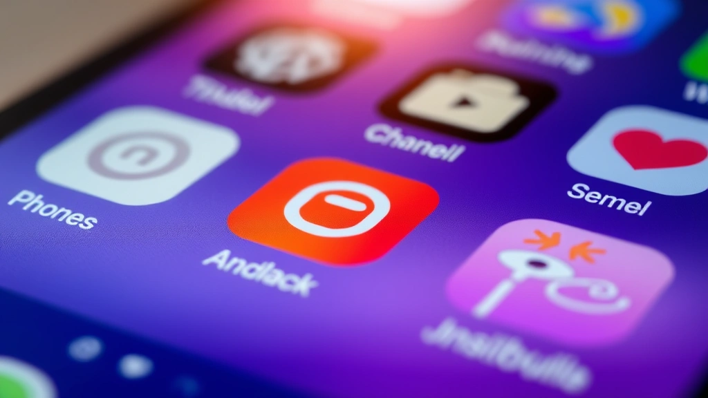 Close-up of a smartphone home screen displaying various colorful app icons with focus on one distinctive warm-toned social media app icon among others, morning sunlight