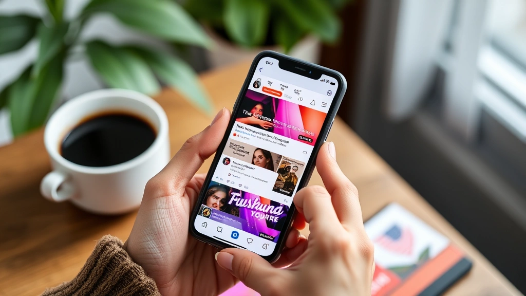 Person holding smartphone showing a vibrant social media feed interface with trending topics and user posts visible, casual home setting with coffee cup nearby