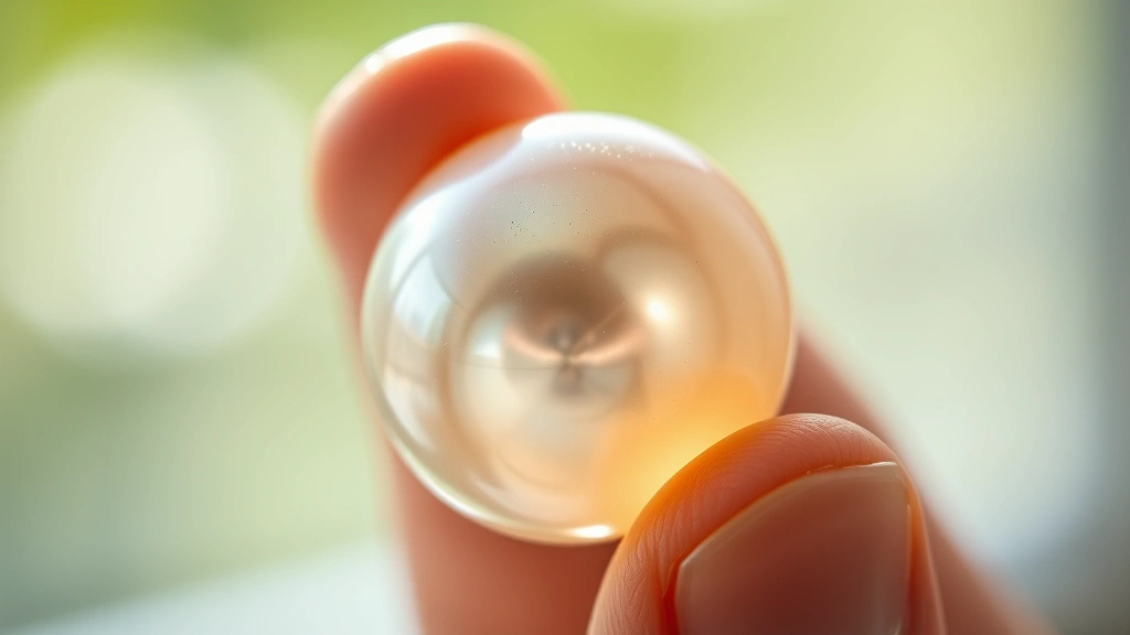 Close-up macro photography of a lustrous pearl being held between fingers, showing surface texture and glow with soft natural window lighting