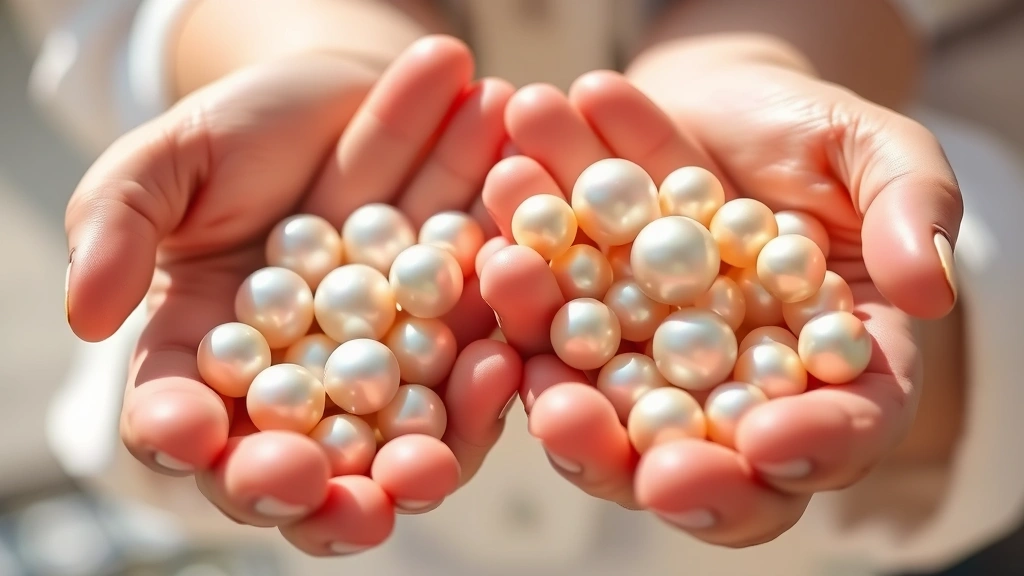 Hands holding and examining pearls against natural daylight, comparing genuine pearls with subtle color variations and warm luster