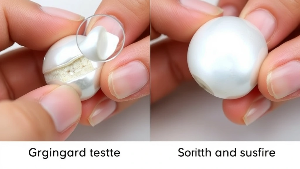 Hands performing tooth test on pearl surface with magnified view showing gritty nacre texture versus smooth imitation surface comparison side by side
