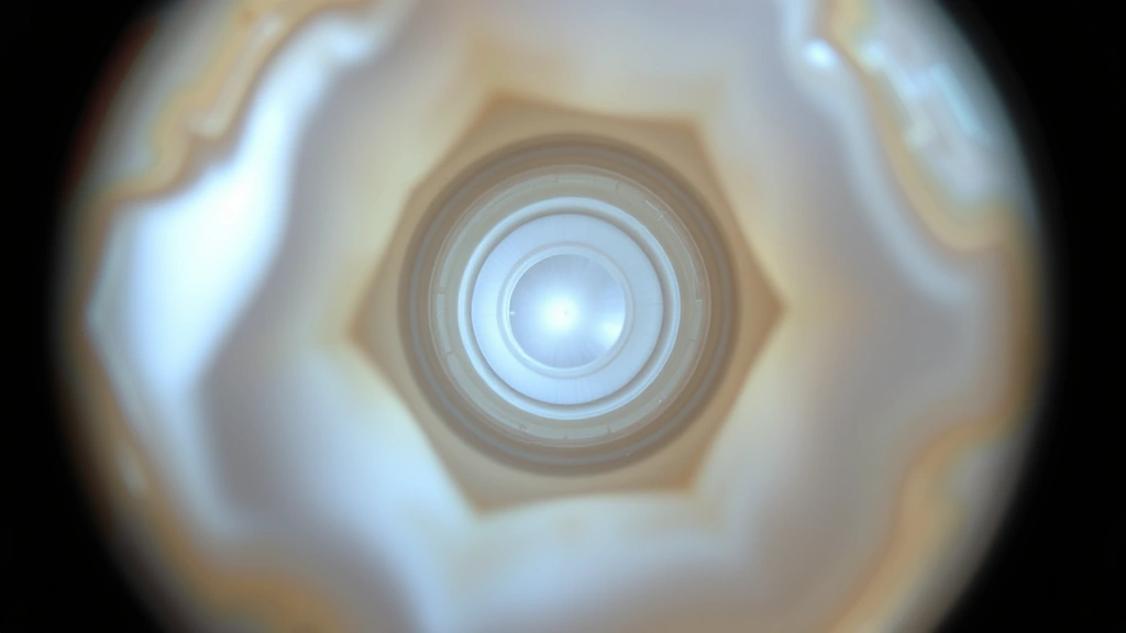 Magnified view through jeweler's loupe of pearl drill hole showing distinct nacre layers and internal structure, detailed gemological examination