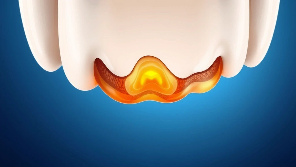 Close-up of a tooth cross-section showing cavity decay progression through enamel and dentin layers in medical illustration style