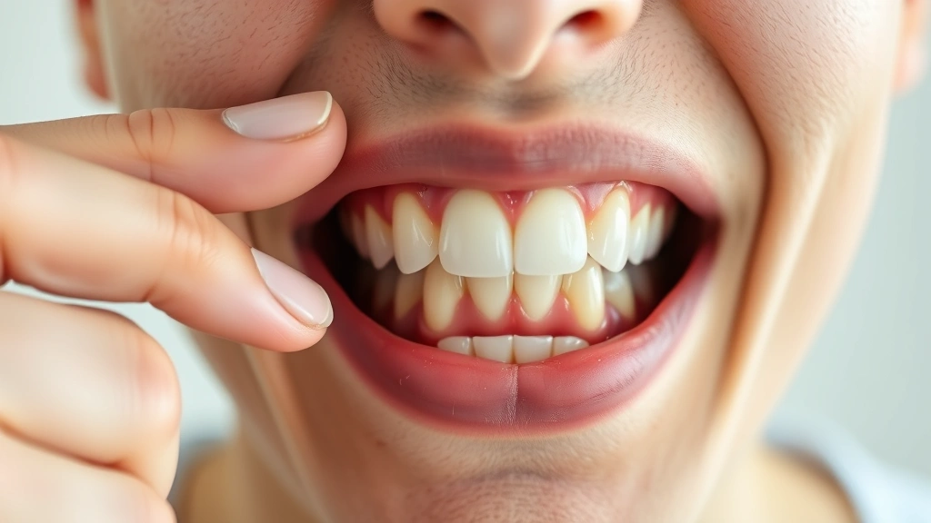 Person pointing to back molar in mouth during dental self-examination with natural lighting and clear tooth visibility