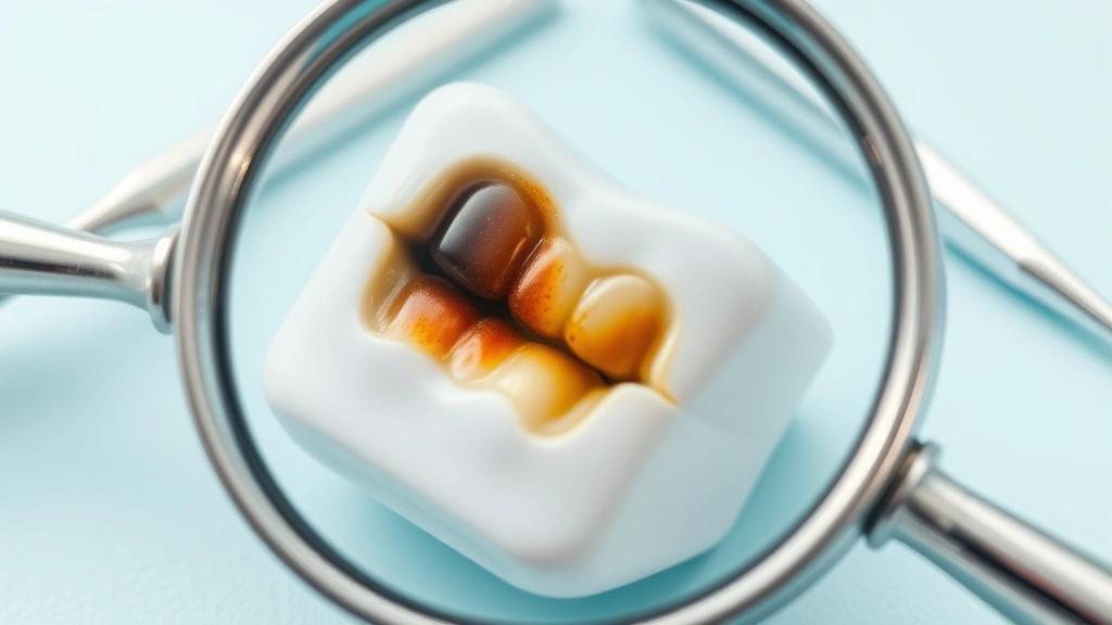 Dental mirror and tools displaying dark cavity spot and discoloration on white tooth model surface