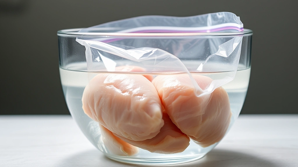 Frozen chicken breasts in a sealed plastic bag submerged in a clear glass bowl filled with cold water, professional kitchen lighting