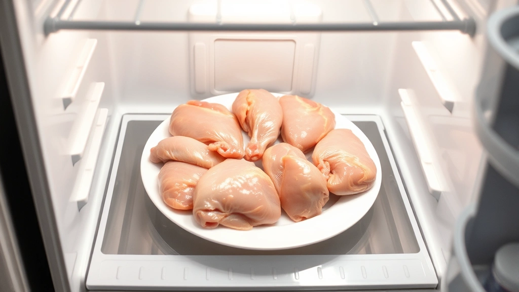 Raw chicken pieces arranged on a white plate inside an open refrigerator on the lowest shelf, showing proper storage positioning