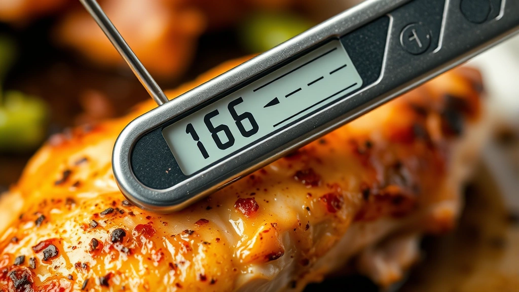Meat thermometer inserted into cooked chicken breast showing 165 degrees Fahrenheit temperature reading, close-up detail shot