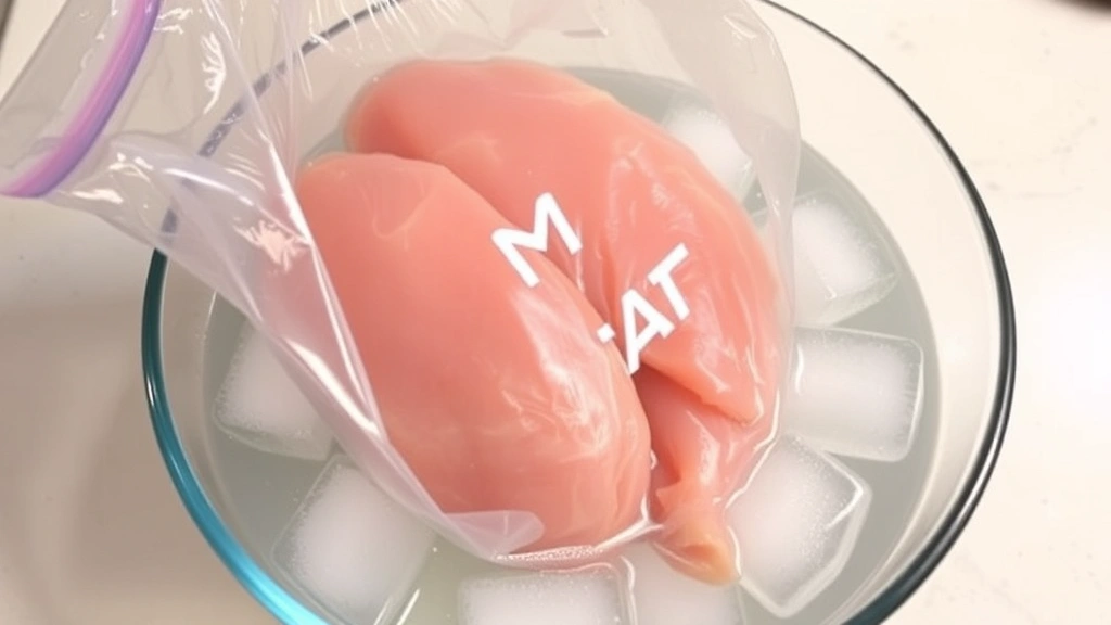 Frozen raw chicken breasts in a clear plastic bag being submerged in a bowl of cold water with ice cubes, clean kitchen counter background