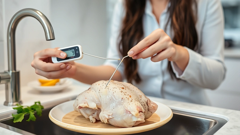 Woman checking temperature of thawed chicken with meat thermometer, modern kitchen sink with stainless steel faucet visible