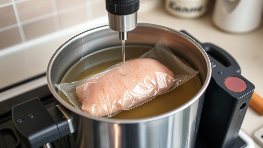 Sous vide immersion circulator in water bath with vacuum-sealed chicken breast inside, precision cooking setup on kitchen counter