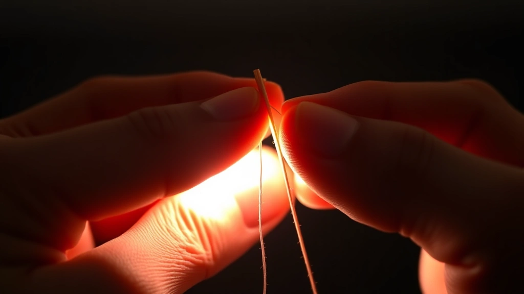 Close-up of hands positioning a needle and thread at eye level near a bright light source, showing proper threading posture and setup