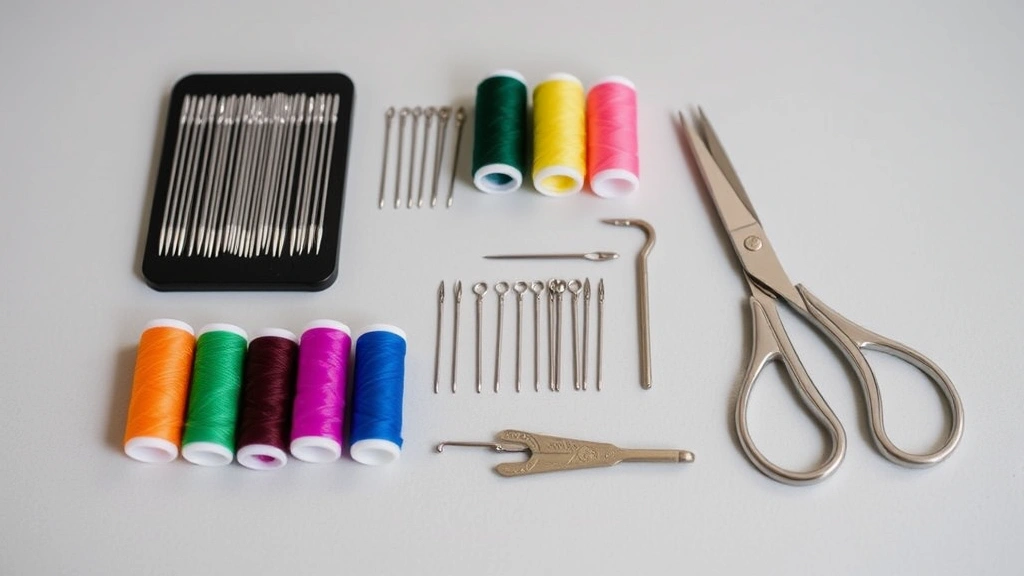 Organized sewing kit display showing various needle sizes, spools of colorful thread, scissors, and a needle threader tool on a neutral surface