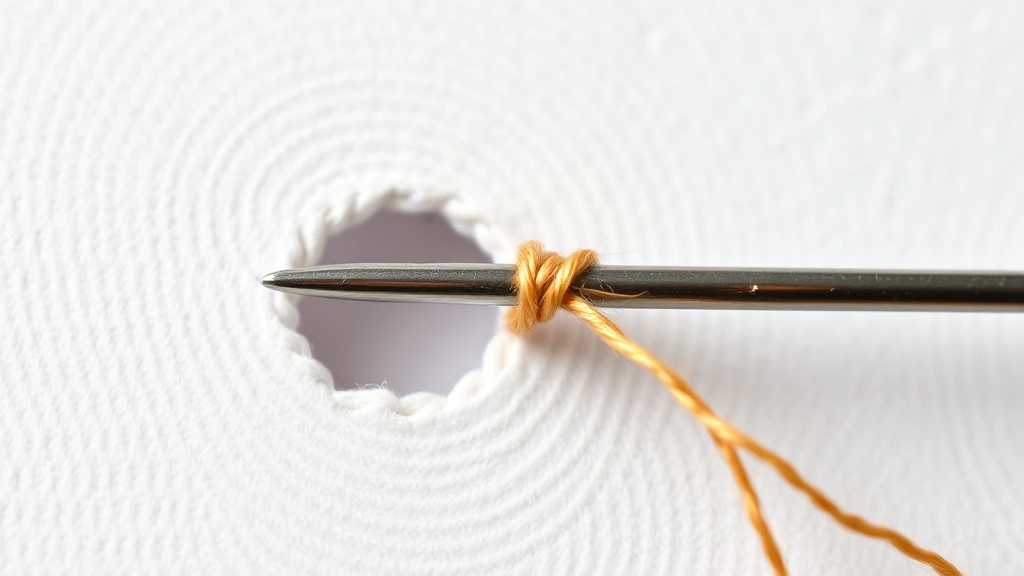 Magnified view of thread passing cleanly through a needle eye with white paper background for contrast, demonstrating successful threading