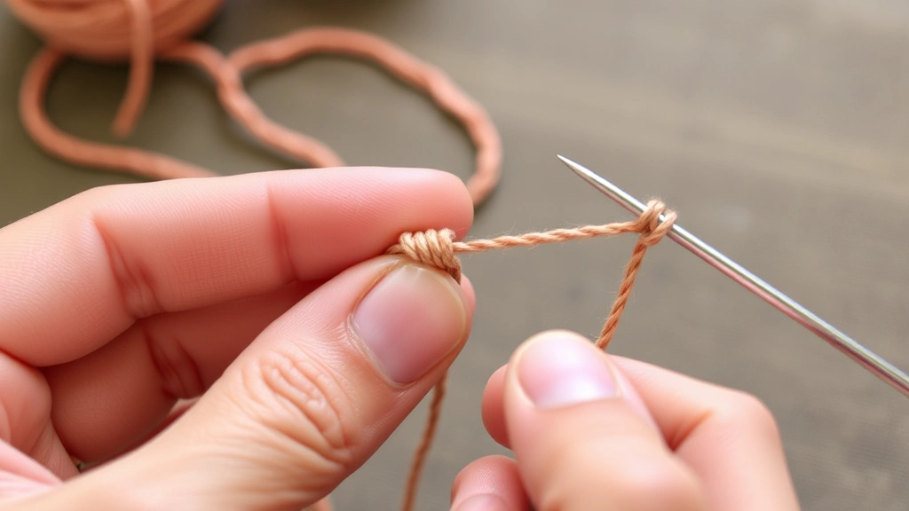 Hands demonstrating the knot-tying technique with thread wrapped around a finger, creating a small loop before passing the needle through