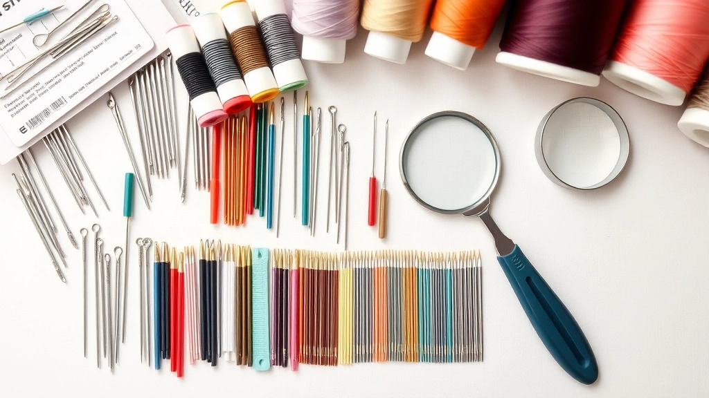Organized collection of various needle sizes, thread colors, needle threader tools, and a magnifying glass arranged on a sewing workspace