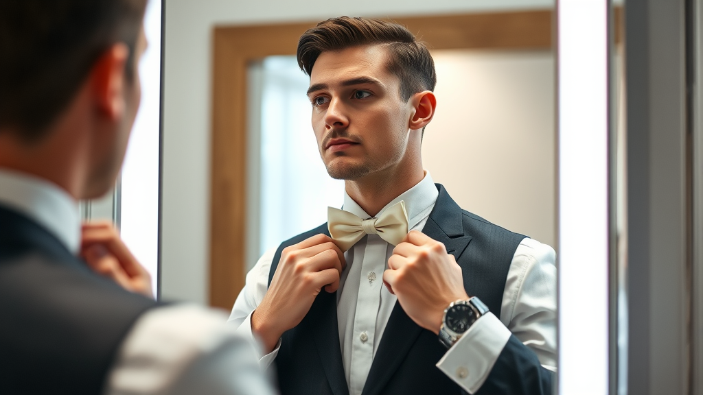 Elegant businessman adjusting perfect bow tie in mirror formal attire sophisticated lighting no text no words no letters