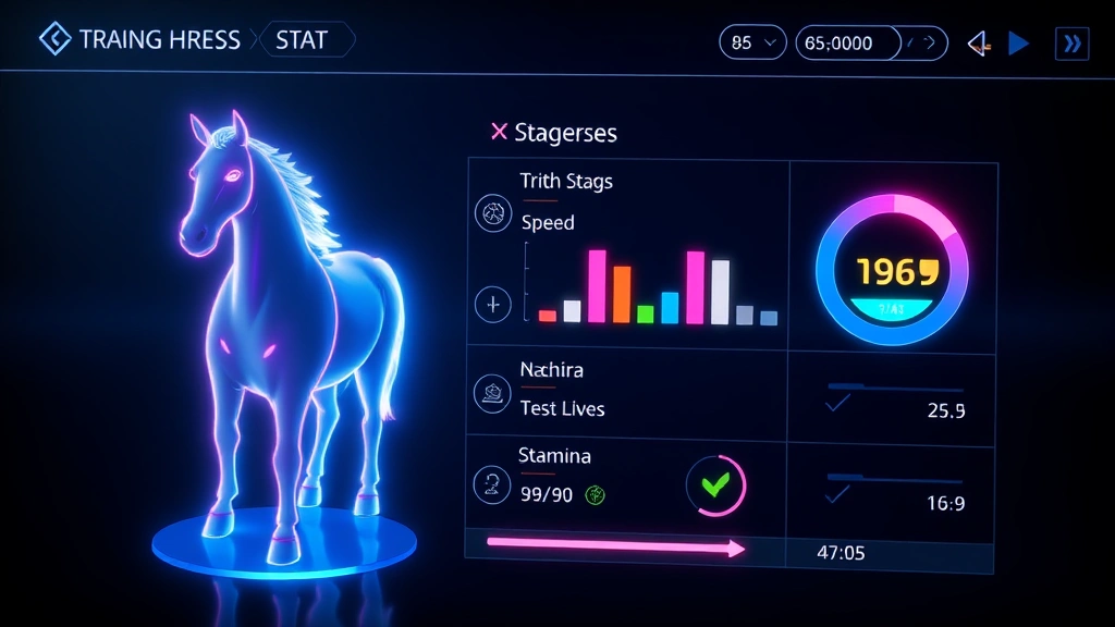 A digital display showing colorful stat bars and training metrics for a horse character, with speed and stamina highlighted in glowing neon colors, representing game progression interface design