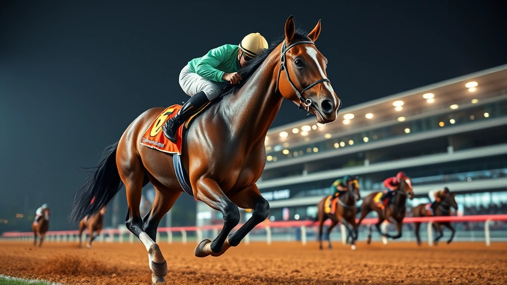 Professional racetrack with champion thoroughbred horse in full racing gear, vibrant stadium lights, dynamic racing atmosphere, photorealistic style