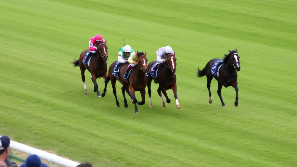 A competitive horse racing scene with multiple thoroughbreds in mid-race action on a grass turf surface, captured from trackside angle showing athletic performance and speed