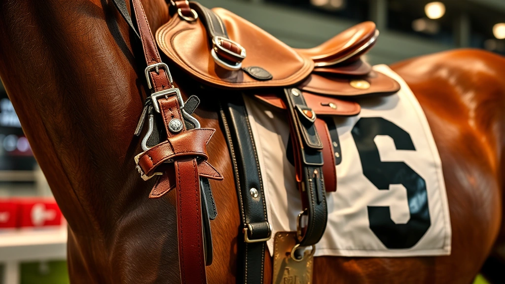 Close-up of detailed horse racing equipment including saddle, bridle, and racing number display, professional lighting, high-quality craftsmanship visible