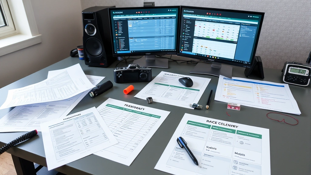 A strategic planning workspace with character stat sheets, training schedules, and race calendars laid out on a modern desk with gaming setup and monitors displaying game data