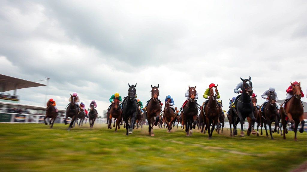 Competitive horse racing scene with multiple thoroughbreds racing on turf track, dramatic motion blur, overcast sky, intense competitive atmosphere