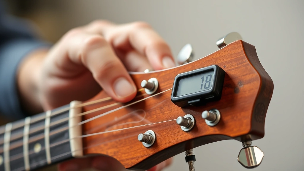 Close-up of a guitarist's hand turning a tuning peg on a guitar headstock with a digital tuner clipped on, showing the precise adjustment motion