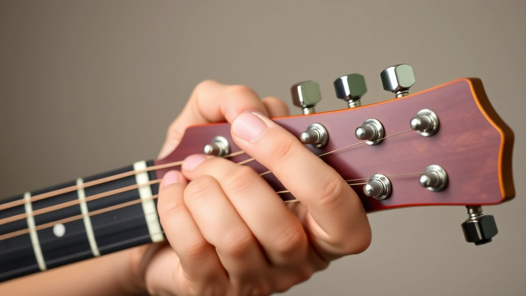 Hands adjusting a guitar tuning peg on the headstock, showing proper finger positioning and technique for tightening strings