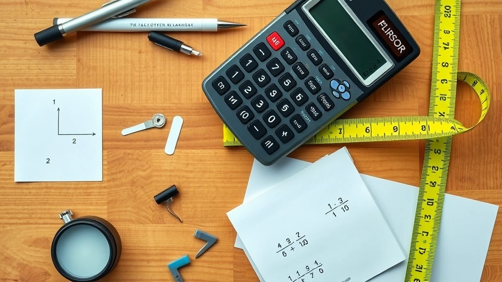 Overhead view of calculator, measuring tape, and various fraction measurements laid out on wooden work surface, professional lighting