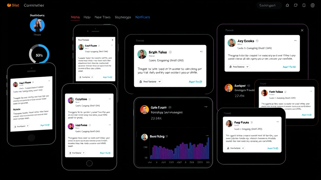 Multiple devices showing notification alerts, blog engagement metrics, social media interactions, productivity dashboard, no text, no words, no letters