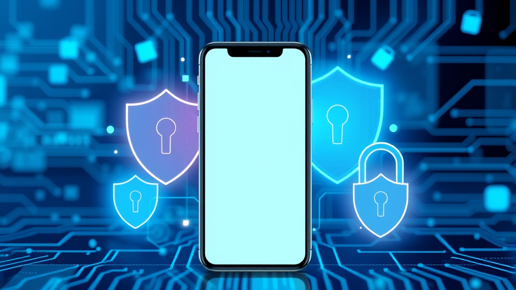 Digital privacy concept with smartphone and security shields, blue technology theme, no text no words no letters