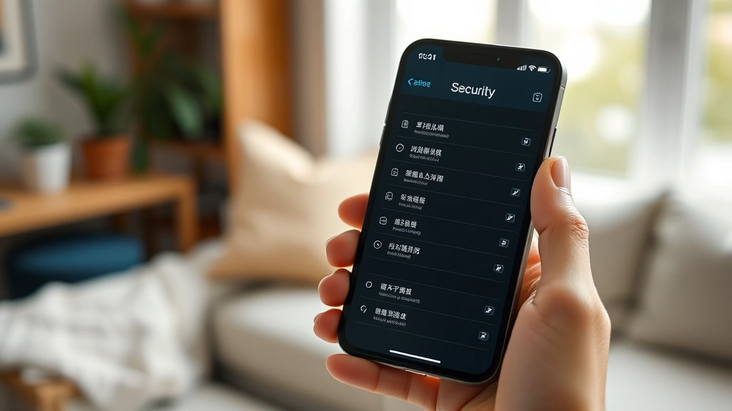 Person holding iPhone displaying security settings menu, soft natural lighting, home environment background, professional product photography style