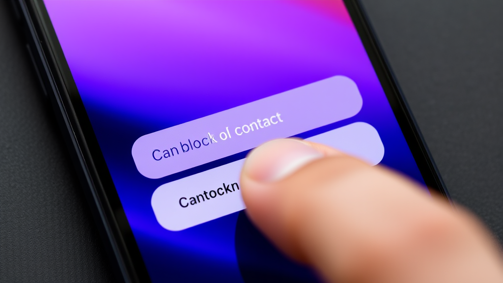 Close-up iPhone screen showing unblock contact option being selected, finger touching display, no text no words no letters