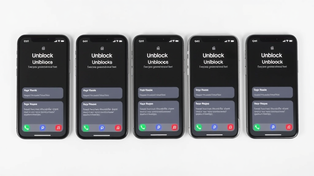 Multiple iPhone screens showing different unblocking methods side by side, organized layout, no text no words no letters
