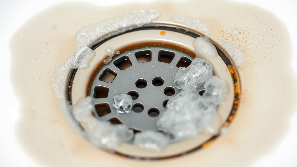 Close-up of a shower drain with standing water and soap residue visible, showing the problem clearly without text or numbers