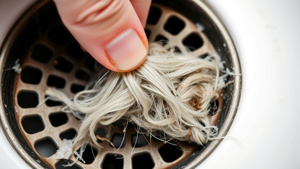 Close-up of a hand removing hair and debris from a shower drain cover, showing collected strands and buildup on the strainer
