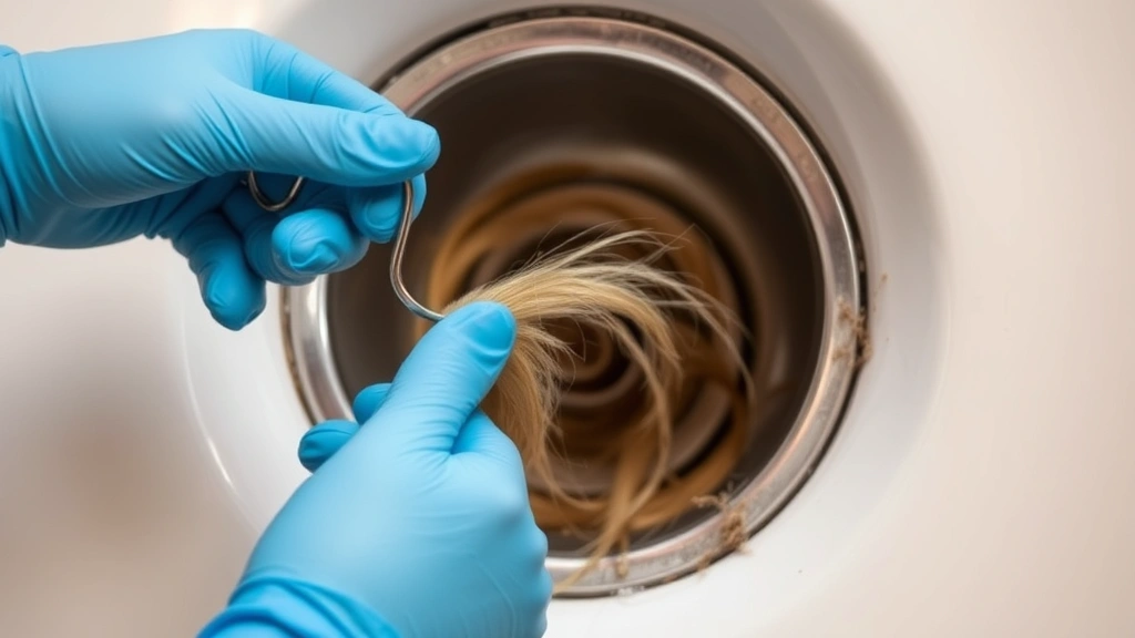 Hands wearing rubber gloves using a wire hanger tool to pull hair from a shower drain opening, demonstrating the unclogging technique