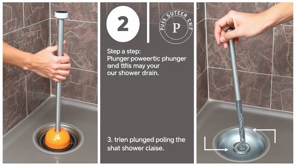 Step-by-step demonstration of using a plunger over a shower drain with water visible, showing proper positioning and technique