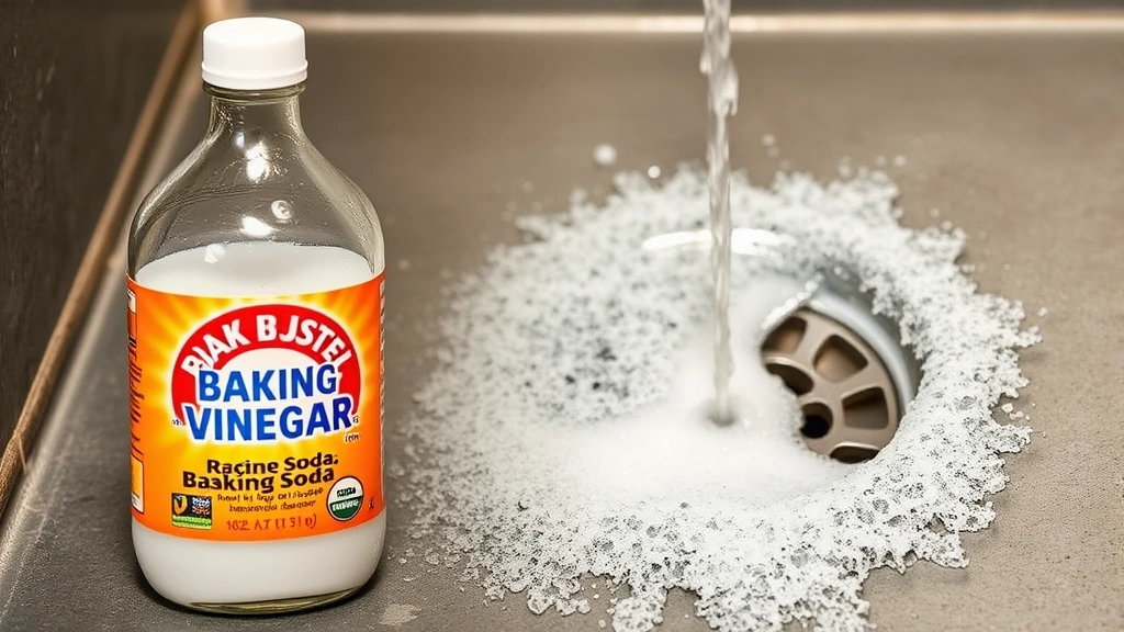Baking soda and white vinegar bottle next to a fizzing shower drain, showing the natural cleaning reaction in action