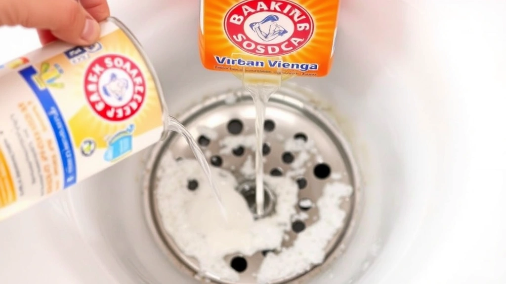 Baking soda being poured down a shower drain opening with vinegar and fizzing chemical reaction occurring, demonstrating natural cleaning method