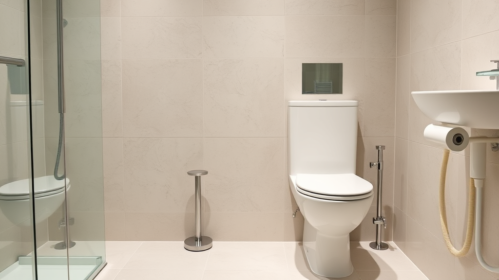 Modern bathroom with clean white toilet and plunger nearby, bright lighting, no text no words no letters