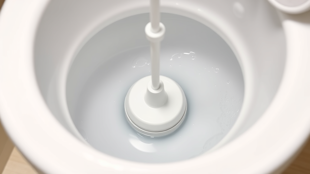 Toilet plunger creating suction in toilet bowl, action shot showing water movement, no text no words no letters