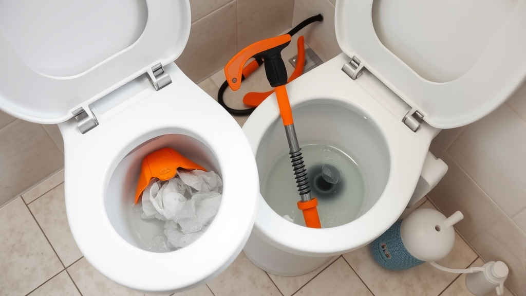 Collection of toilet unclogging tools including auger hot water dish soap on bathroom floor, no text no words no letters
