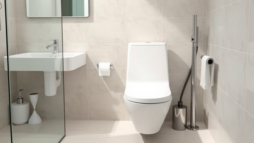 Modern bathroom with clean white toilet and plumbing tools nearby, bright lighting, no text no words no letters